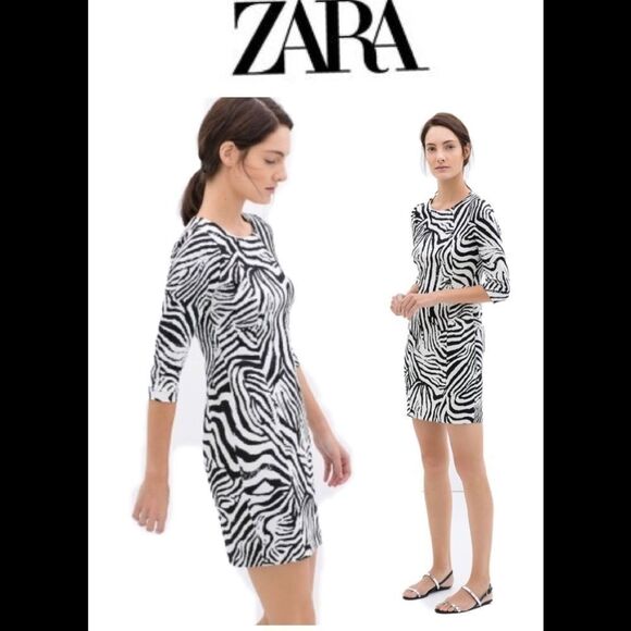 ZARA black White long Sleeve Zebra Print Bodycon cocktail mini Dress Sz M - Picture 1 of 13